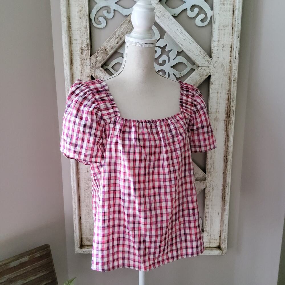 Zac Rachel Petite Medium Puff Sleeve Plaid Square Neck Blouse Light Academia